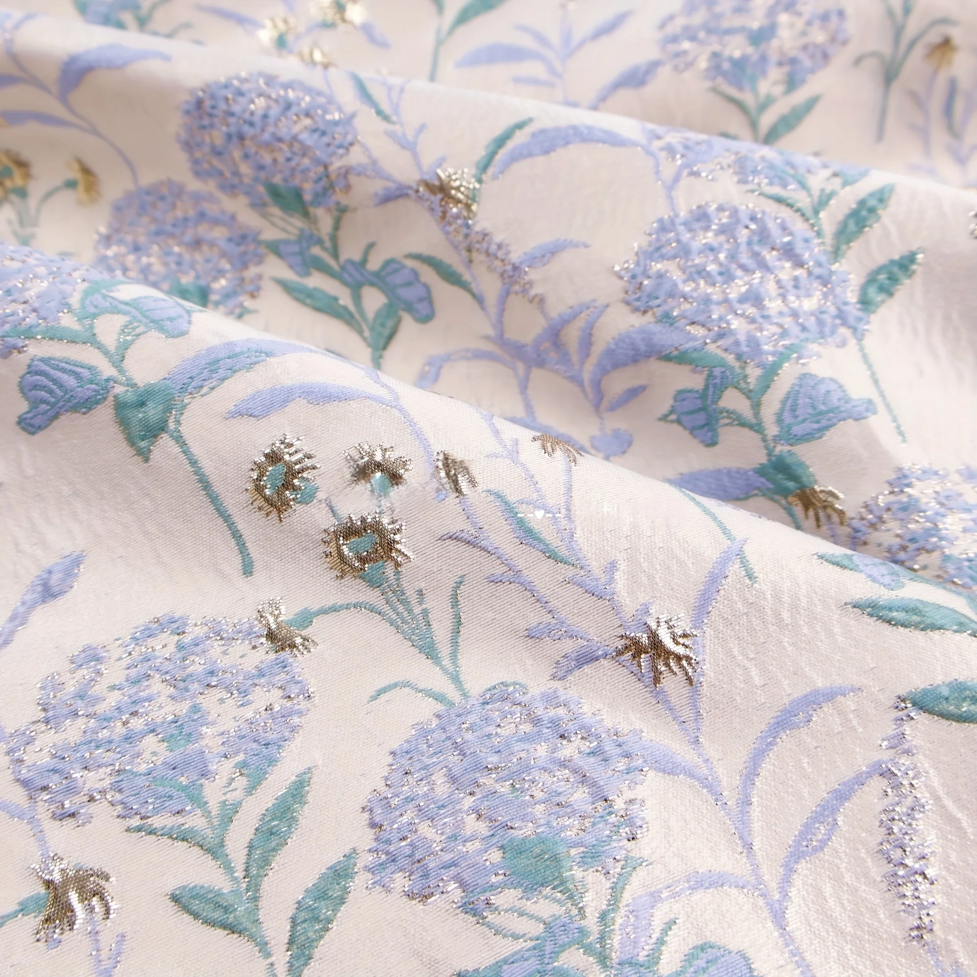 2 Yards of Glossy Micro-Profile Blue Hydrangea Super Fairy Stereo Relief Jacquard Fabric Half Skirt Suit Handmade Fabric