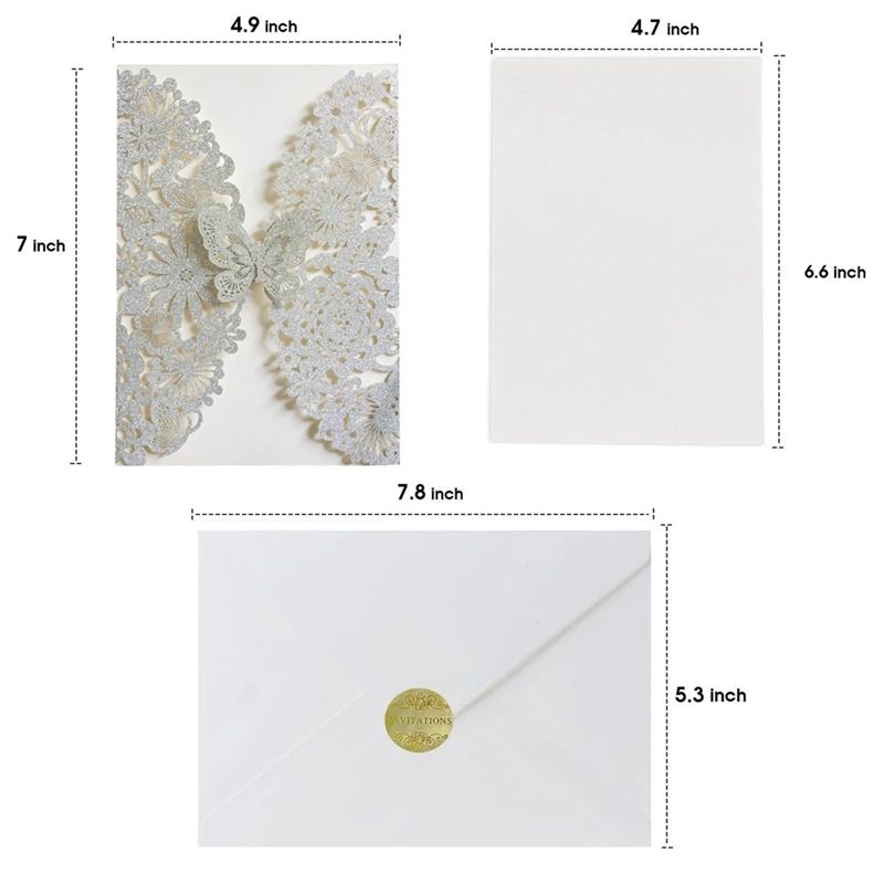 20 Set Butterfly Invitation Cards Lace Wedding Invitations with Envelopes(Silver Glitter)-A14I