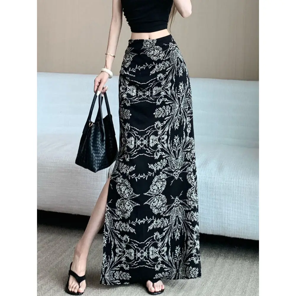 

Retro Floral Print Half Skirt Women's Summer Thin Slimming Fashionable Side Slit Bodycon Skirt Casual Polyester Fabric