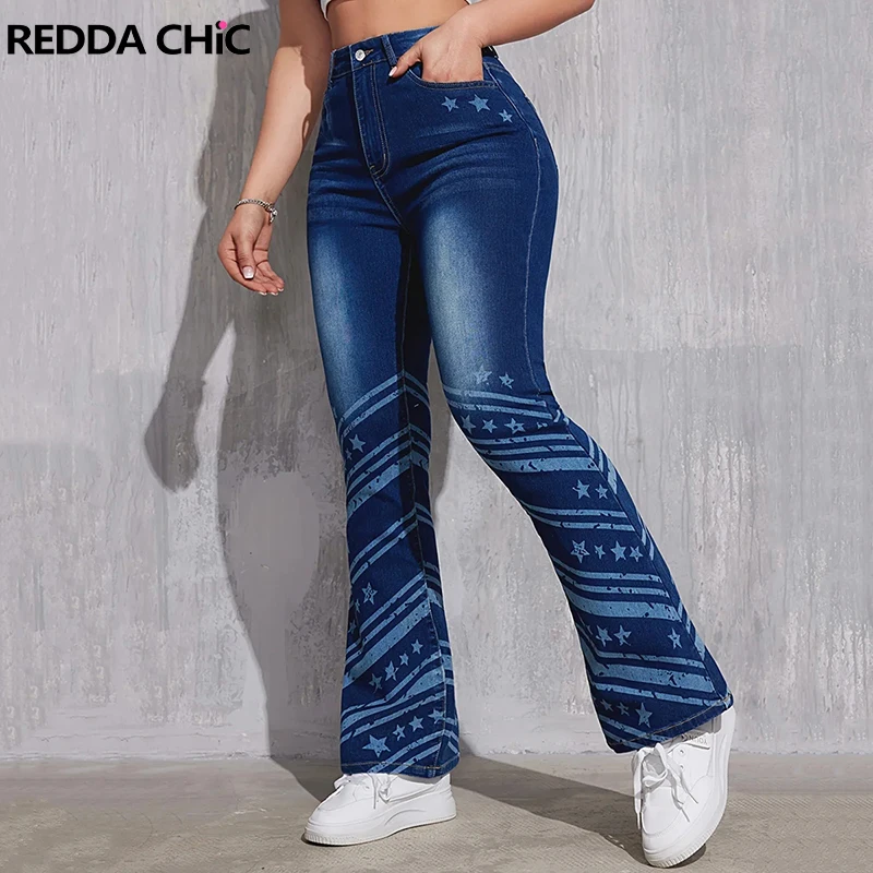 ReddaChic American Flag Print Denim Bootcut Pants Women Vintage Wash Whiskers Do Old High Rise Stretchy Skinny Jeans Y2k Clothes