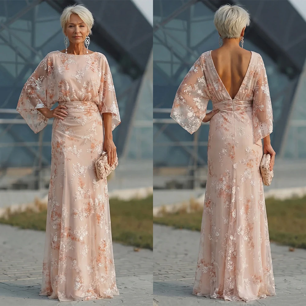 Customized O-neck Full Sleeves Floor Length Flowers Backless Vestidos Elegantes Para Mujer Para Una Boda Robe De Soirée Femme