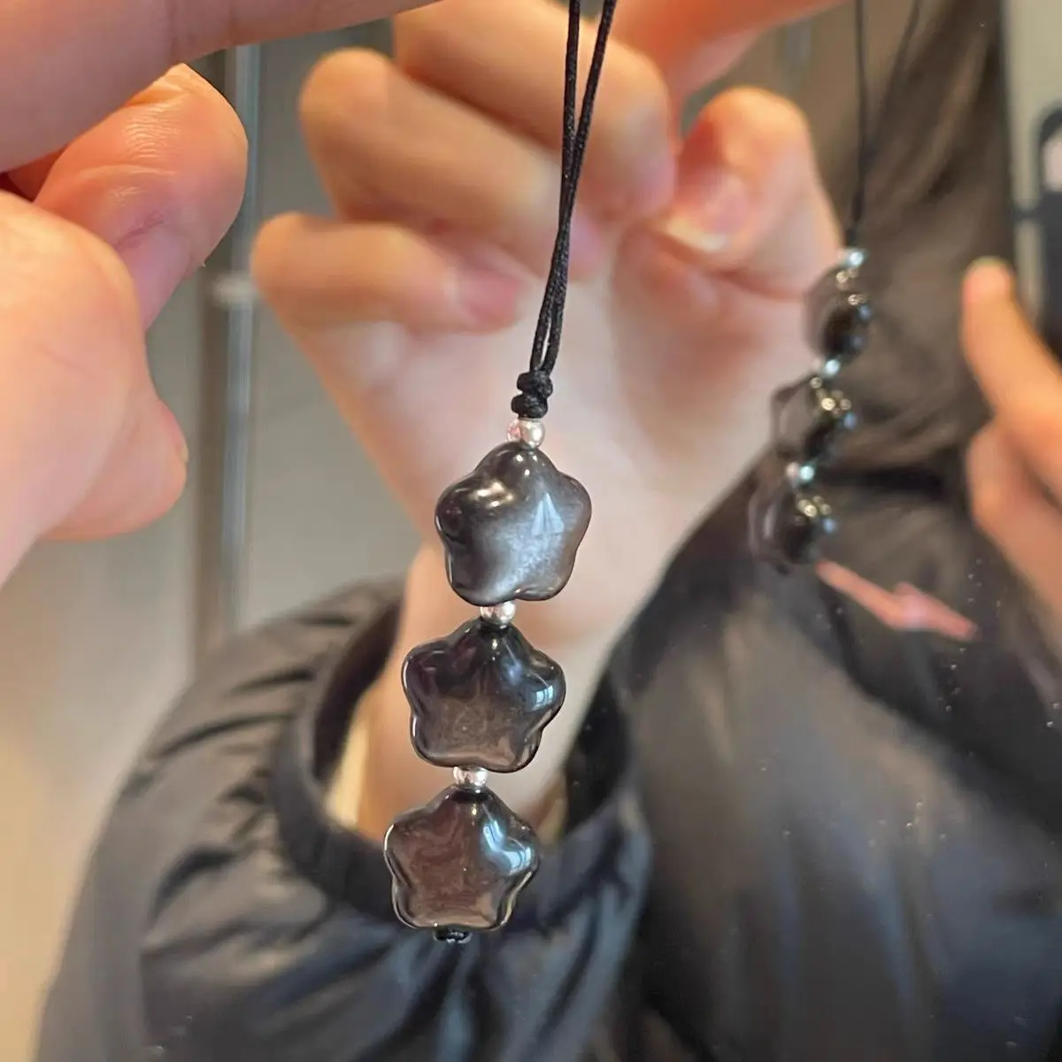 

Серебряный обсидиан со звездой, подвеска для телефона, ремешок для телефона ручной работы с бисером, милый эстетический ремешок на запястье, сумка, брелок, кулон