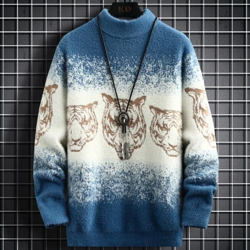 

Soft New Winter Warm Fashion Print Mens Pullover Sweaters Turtleneck Mink Velvet Sweater Men High Quality Men's Christmas Jumper