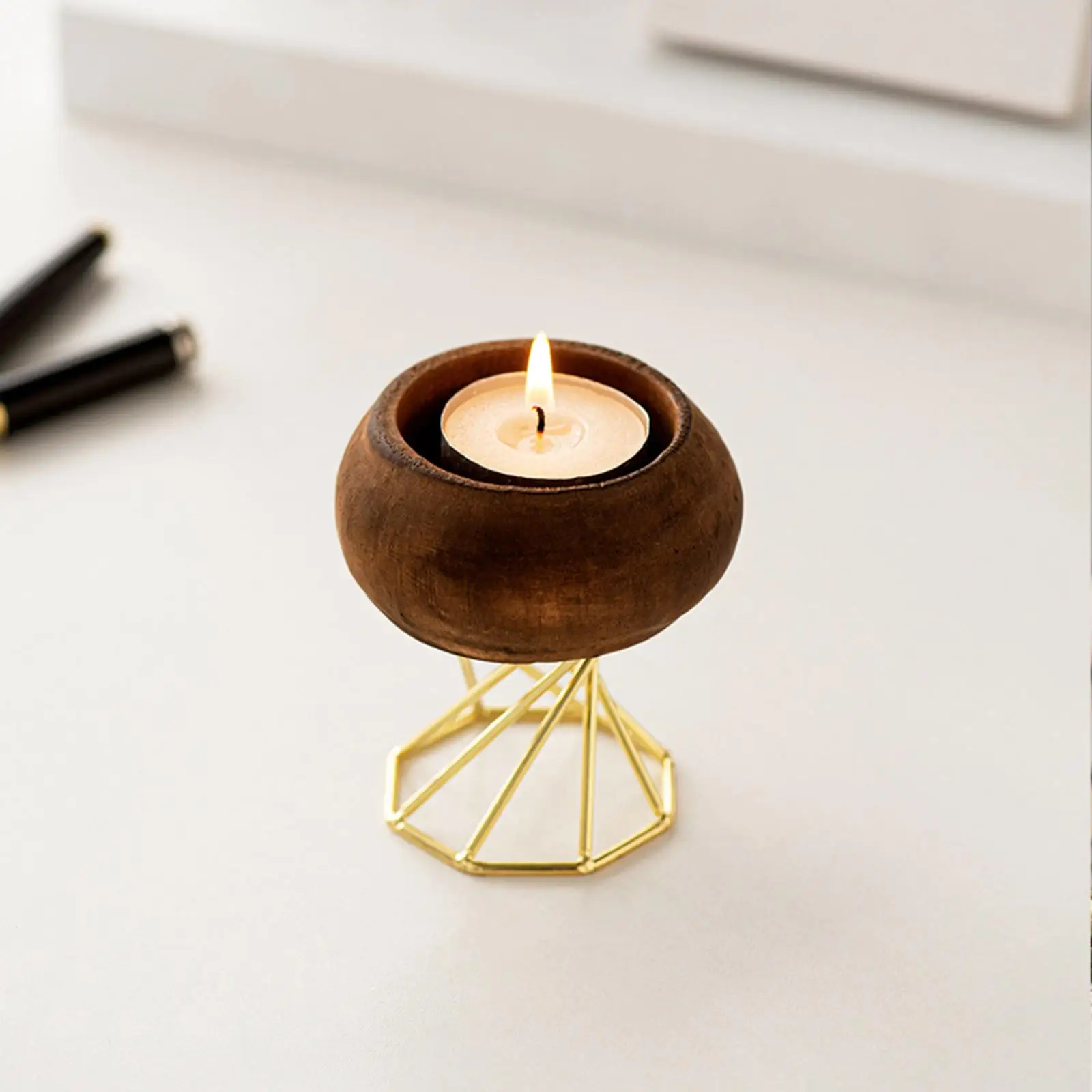 Round Wooden Candle Rack with Metal Accent for Outdoor Dining Decor Vintage Style Tealight Holder for Shelf