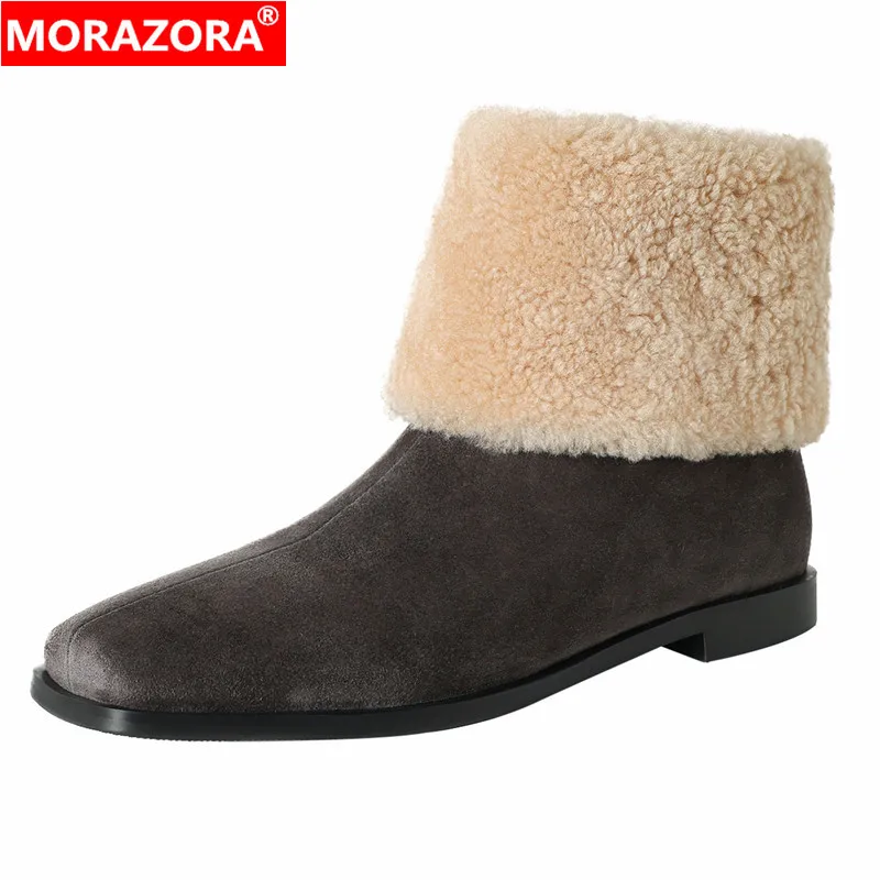 MORAZORA Plus Size 34-43 Kid Suede Leather Winter Boots Women Zipper Flat Ankle Boots Handade Warm Fashion Ladies Casual Shoes