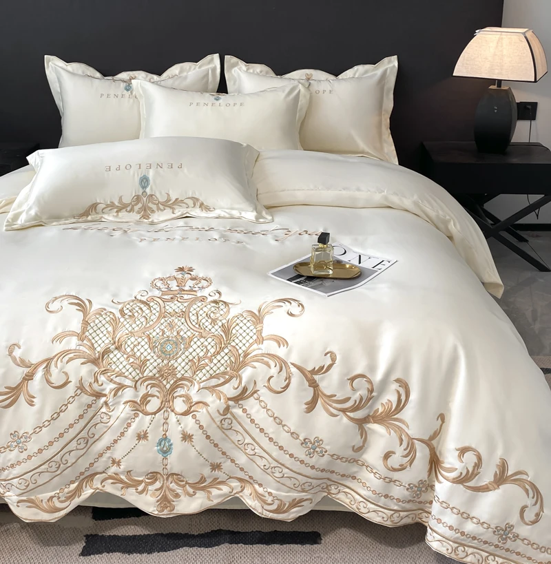 Milkshake White Luxury Gold Embroidery 60S Satin Cotton Bedding Set Silky Duvet Cover Set 2 Pillowcases Flat sheet, Without Core