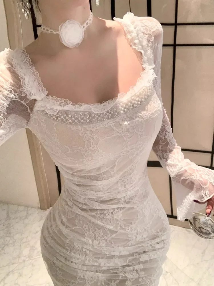 Topanoma Wedding Party Evening Dresses Women Lace Patchwork Square Collar Flare Long Sleeve Slim Cocktail Dress Birthday Sexy