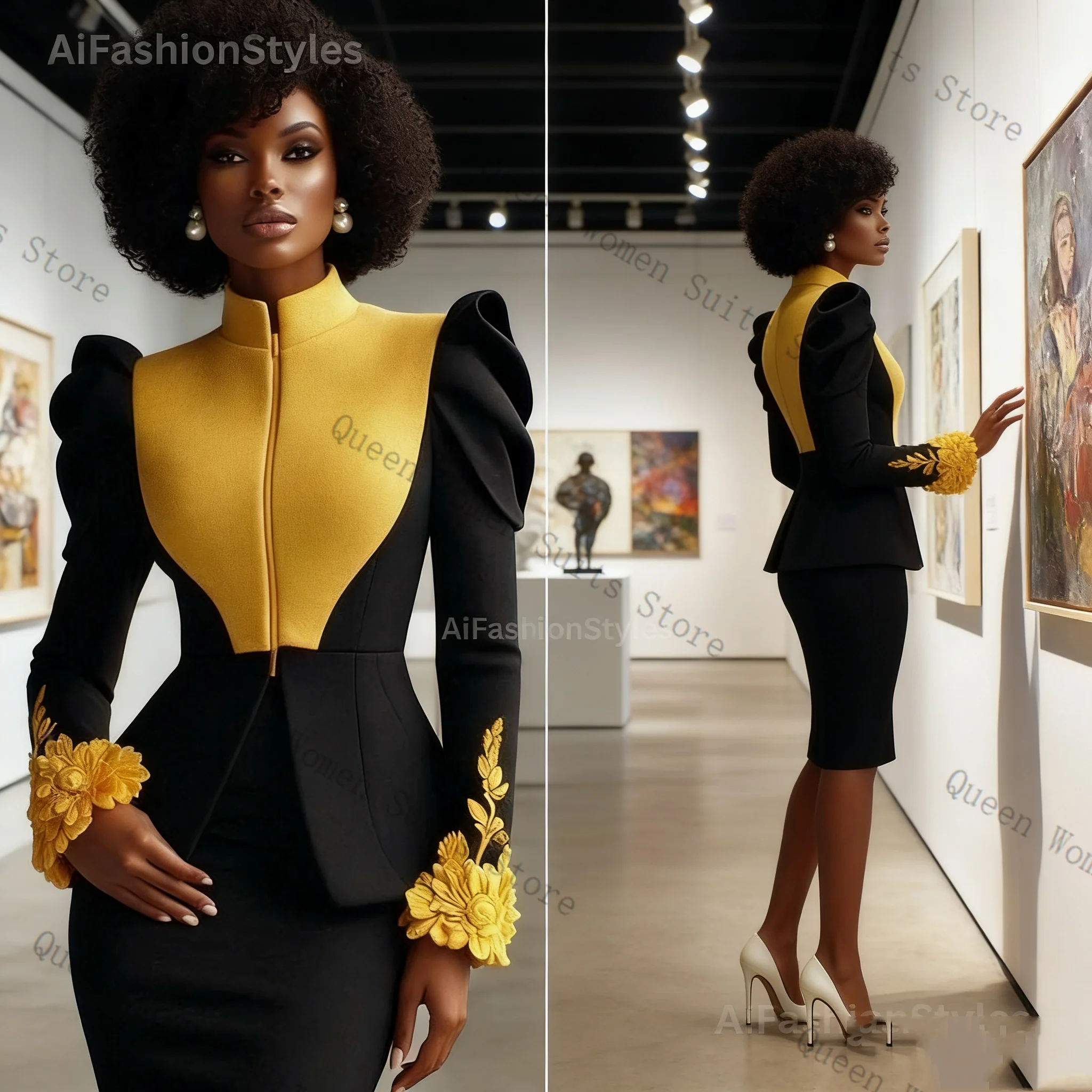 

Floral Yellow Black Women Suit Set 2 Pcs Zipper Blazer Prom Dress Cotton Formal Office Lady Jacket Wedding Coat Customized