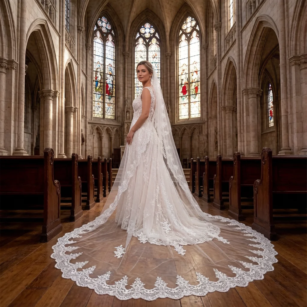

Customized One Layer Cathedral Wedding Veil 3m 4m 5m Lace Edge Bridal Veils with Comb in White Ivory Off-white