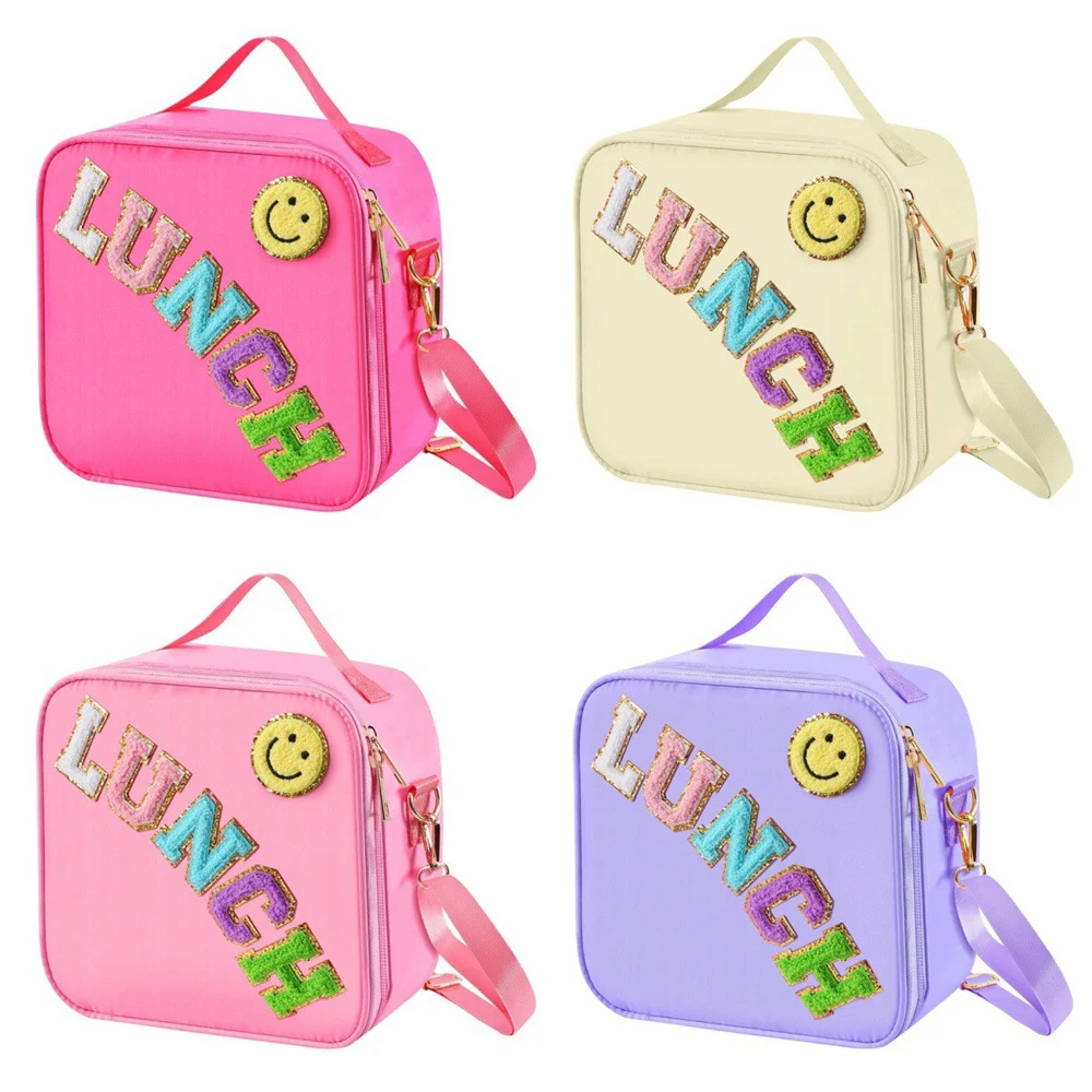 Towel Embroidery LUNCH Smiling Face Insulated Lunch Bag Cute Colorful Handheld Crossbody Lunch Bag Student Children's Portable L