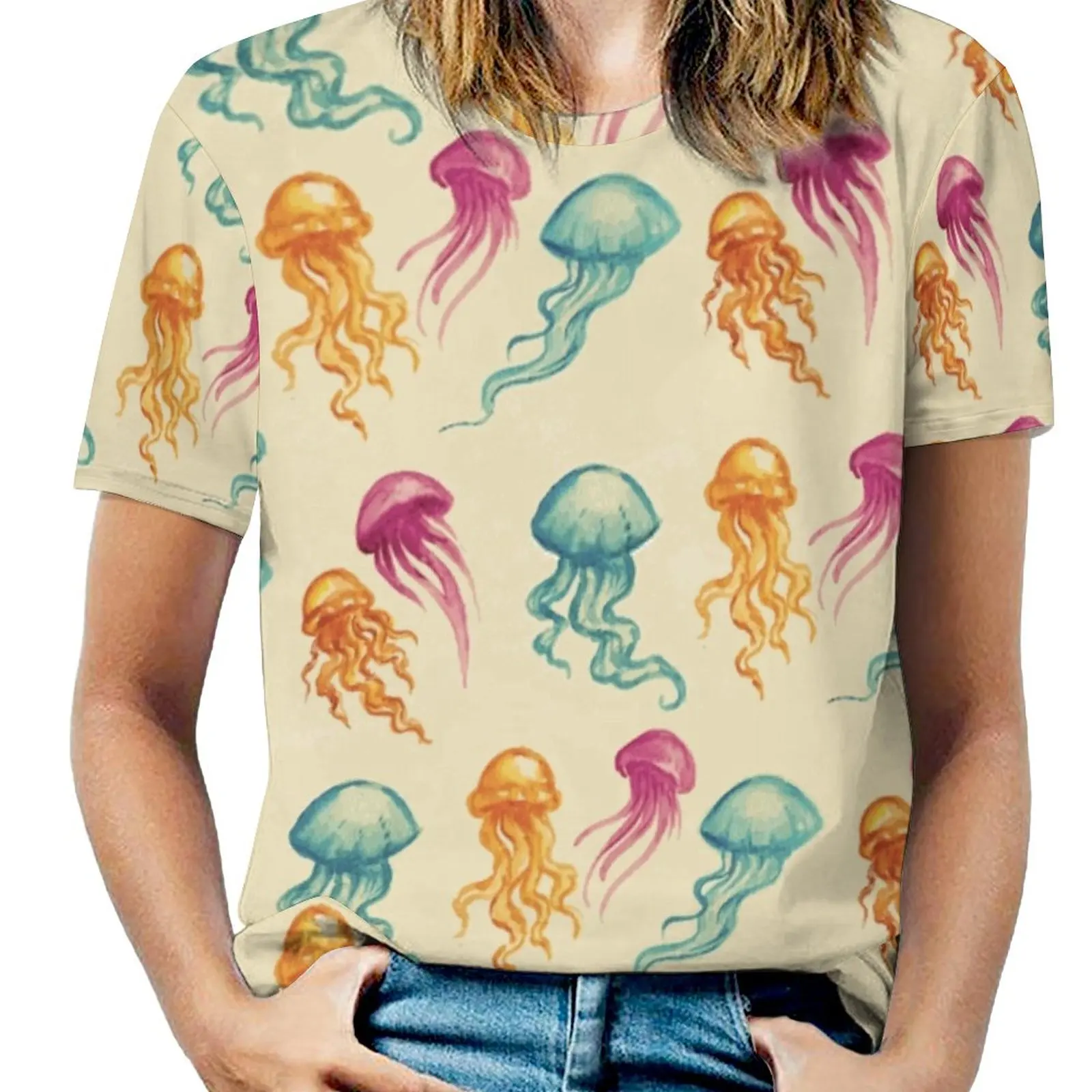 Vintage Jellyfish Woman'S T-Shirt Spring And Summer Printed T Shirts Crew Neck Pullover Top Jellyfish Nautical Blue Yellow