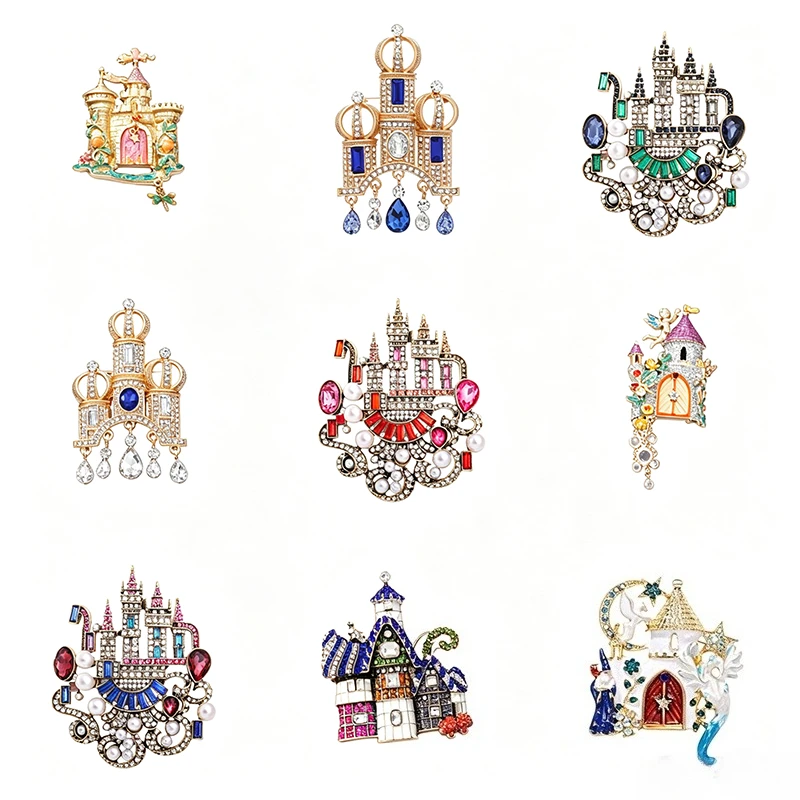 Luxury Crystal Enamel Castle Brooch Women Vintage Rhinestone Pearl Lapel Pin Coat Jewelry