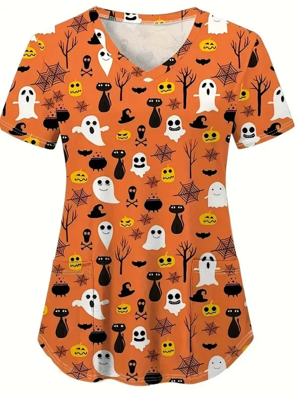 Halloween-Serie, Damen-Arbeitskleidung mit kurzen Ärmeln, V-Ausschnitt, modisches Design mit Bindebändern und Taschen, bequem und atmungsaktiv, Krankenpflegeuniform. – Detail 4