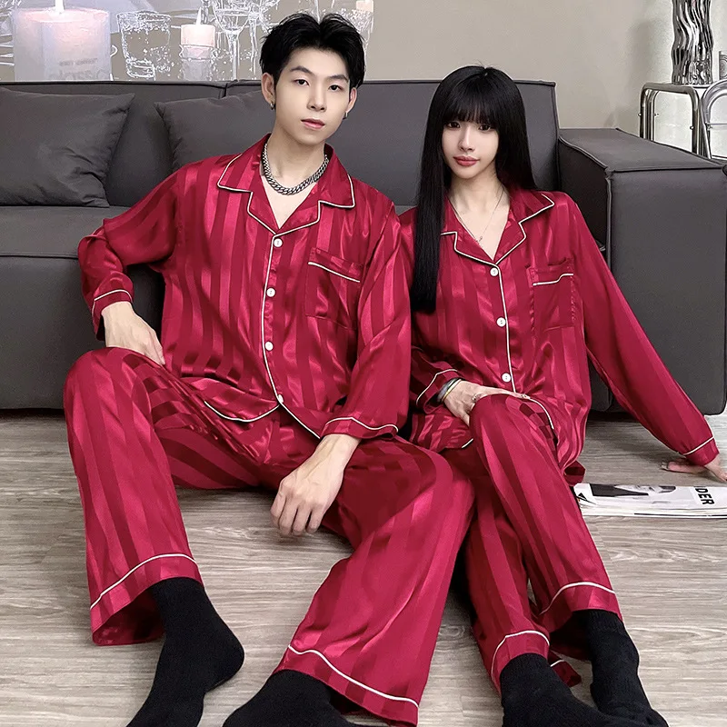 Couple Pajamas Sets Striped Print Pijama Faux Silk Satin Lapel Pyjama Female Sleepwear Long Sleeve Shirt Pants Suits Homewear