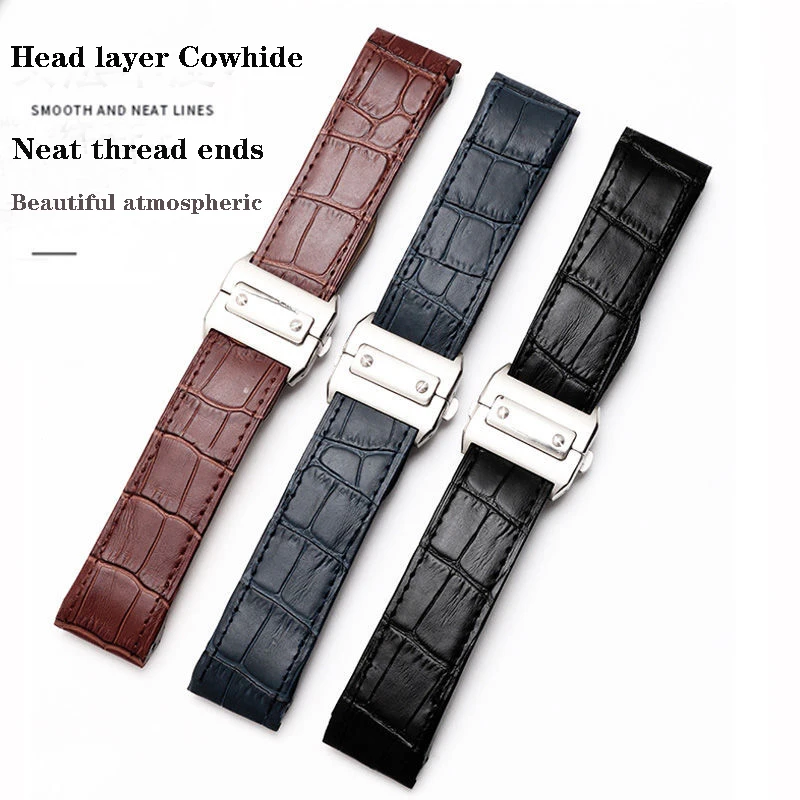 Premium-Grade Genuine Leather watch strap 20  23mm for cartier Santos strap Santos 100 men's and women's folding clasp watchband