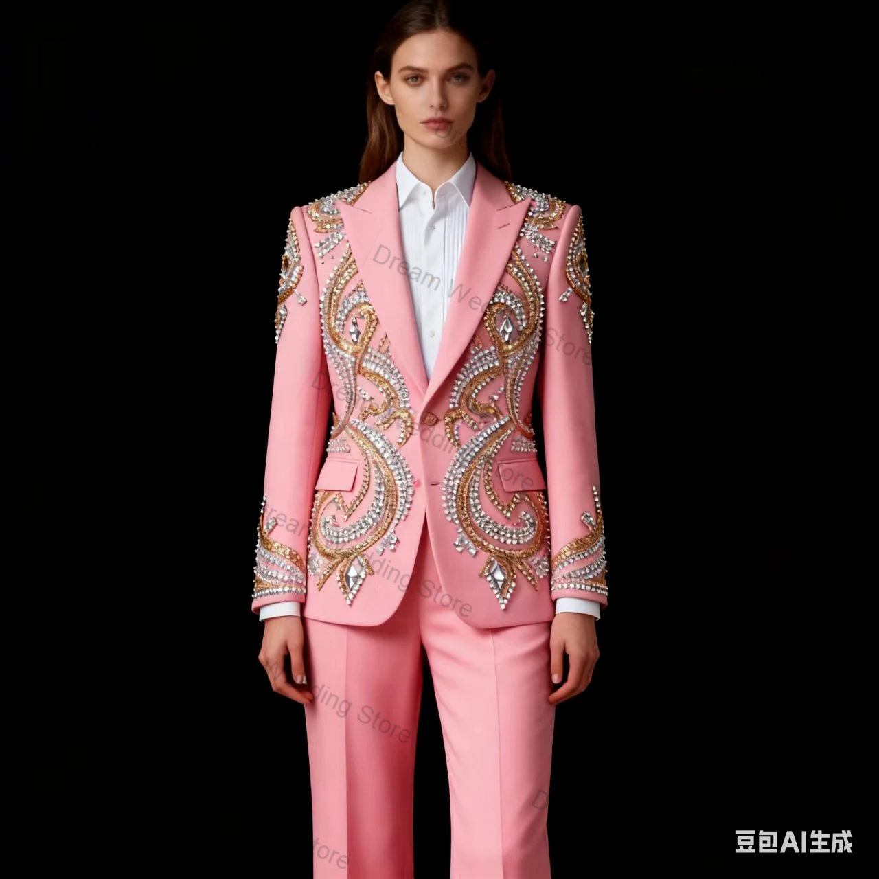 Conjunto de pantalones de traje rosa para mujer, chaqueta + Pantalones de 2 uds., chaqueta Formal de oficina con cristales de lujo para mujer, abrigo personalizado para invitados, boda y graduación