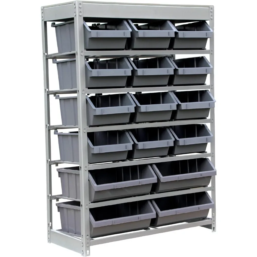 

King's Rack Bin Rack Storage System Heavy Duty Steel Rack Organizer Shelving Unit w/ 16 Plastic Bins in 6 tiers