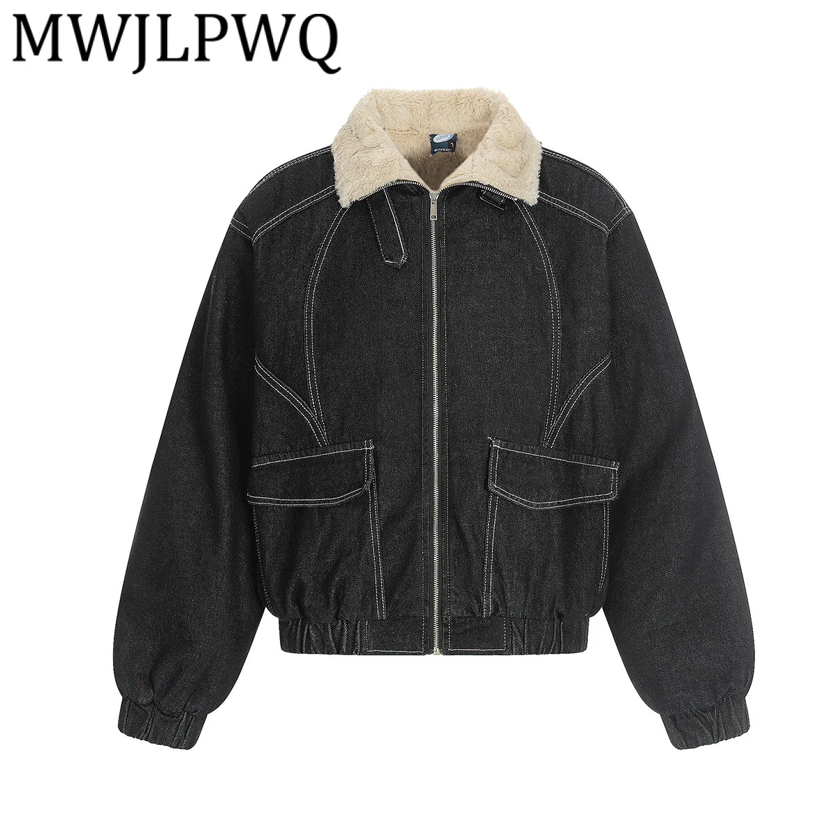 

MWJLPWQ Men's Clothing Winter Fleece-Lined Collar Denim Jacket American Retro Lapel Motorcycle Style Warm Cotton Coat 22018