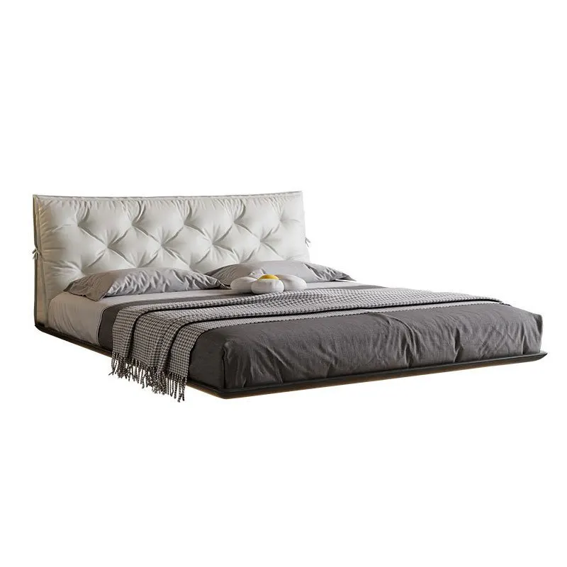 Suspended Modern leather Master bedroom Double Flush edge Italian minimalist soft bag bed