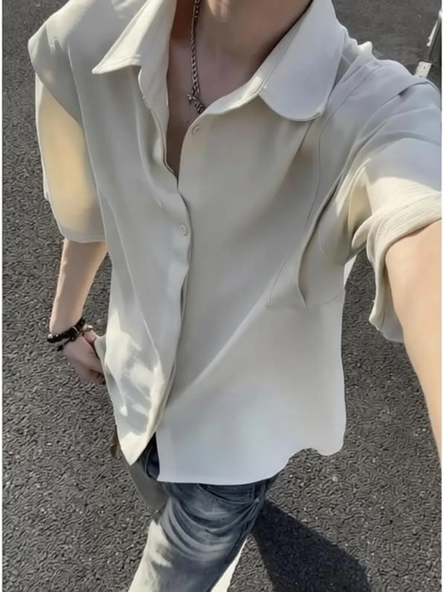 Black Linen-Like Ice Silk Short Sleeve Men's Shirt Summer Loose Fit Breathable Drapey Sun Protection Outerwear Casual Style