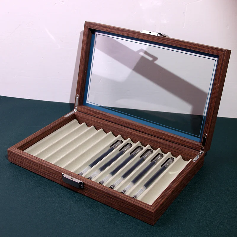 

2022 Pen Box Black Walnut Stationery Storage Display Box 12 Bits Dustproof Cabinet Pen Case