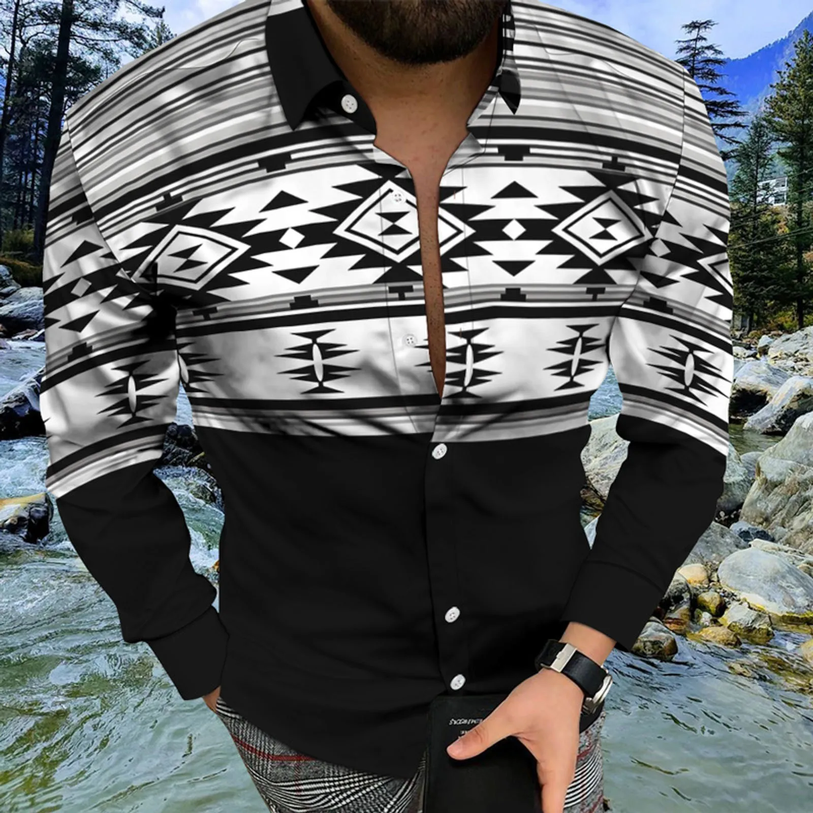 Social Fashion Men Shirts Casual Buttoned Shirt Aztec Ethnic Print Long Sleeve Tops Blouses