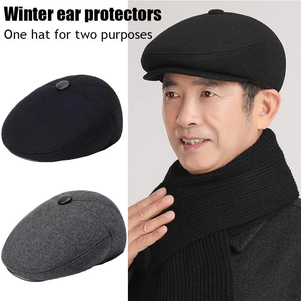 

Thick Wool Blend Forward Peaked Cap Black Grey Ski Earflap Cap Men Beret Cap Octagonal Flat Cap Vintage Middle Age Elderly Hat