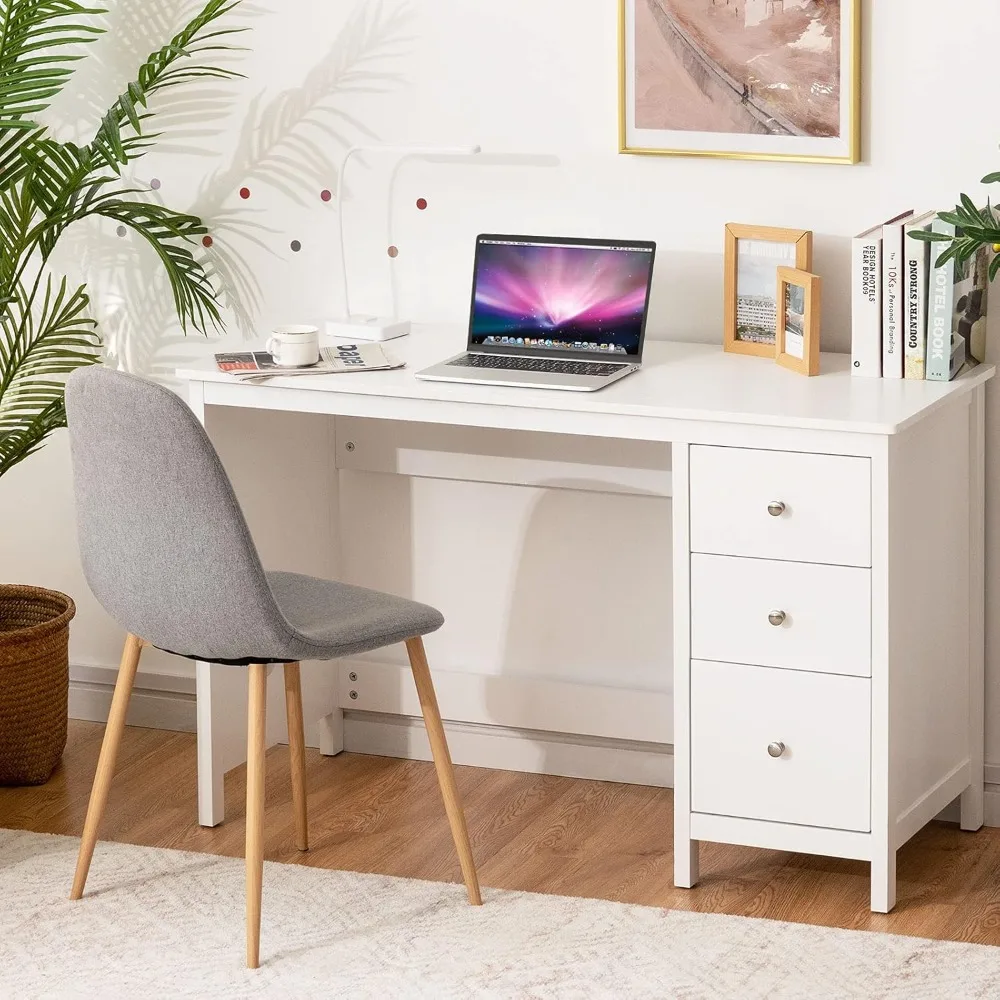 Weißer Schreibtisch mit Schubladen, moderner Home-Office-Computer tisch mit Schubladen und geräumigem Desktop, kompakter Schreibtisch