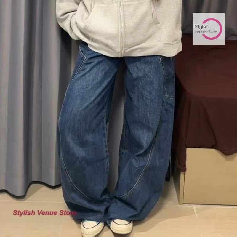 American embroidery retro high street loose design wide leg new machete jeans women's fashion plus size high waist mop pants.