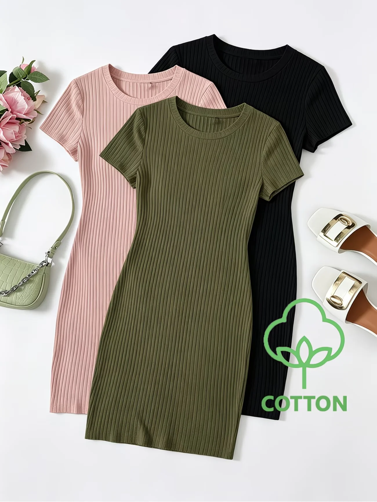 Casual Solid Color Short Sleeve Dress 3-Pack - Multi-Occasion Tight Fitted Cotton Rib-Knit Tank Dress Set for Daily Outfits