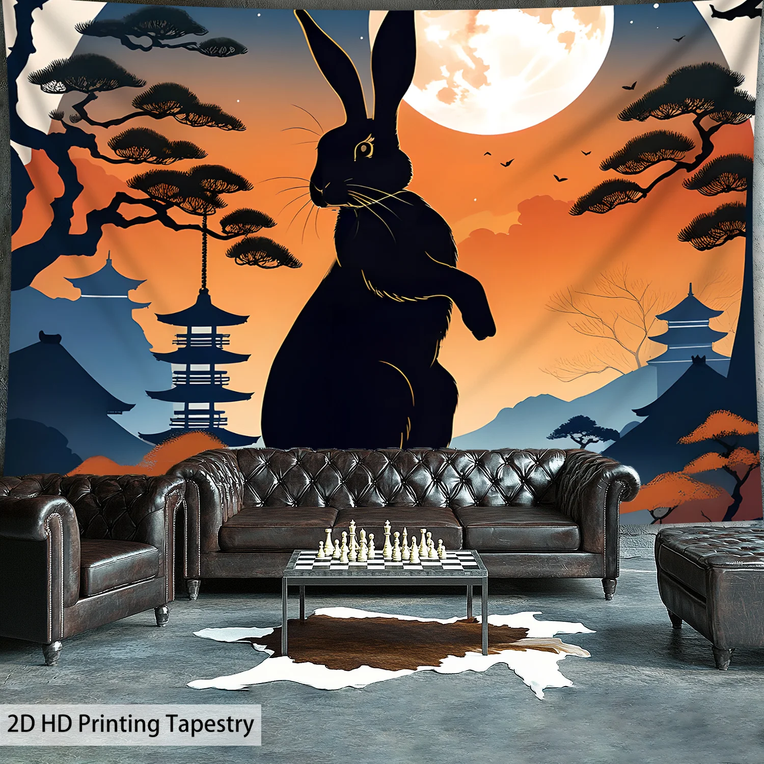 1pc Ultra Large Size Cartoon Rabbit Tree Shadow Moon High-Definition Aesthetics Print Tapestry Polyester Fabric Wall Decoration