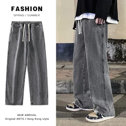 Jeans Baggy Straight com Perna Larga, Calças Soltas, Calças Retas, Calças Hip Hop Street, Moda Coreana, Preto Cinza e Azul, 3XL, 2023, Novo