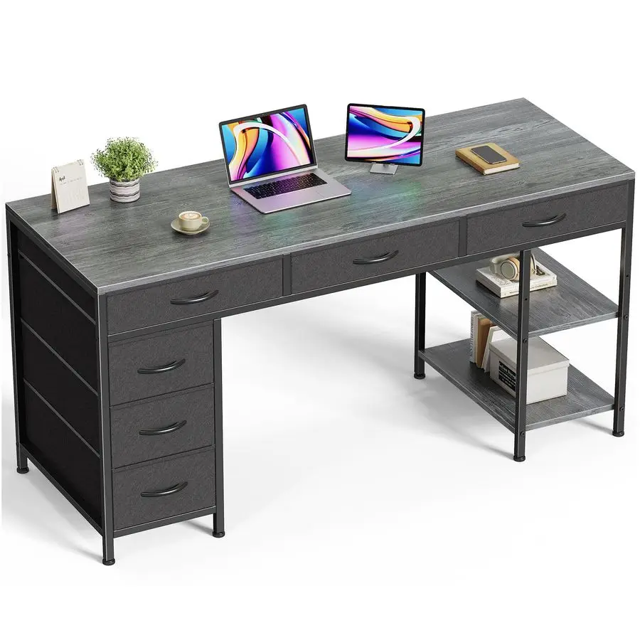 Computer Desk with 6 Drawers, 47 Inch Office Desk with Shelves, Reversible Gaming Desk, Corner Desk with Storage, Work for Home