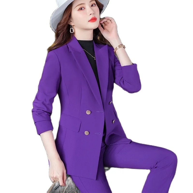 Purple Suit Coat Women\'s Two Piece Pants Set Suit Fashion Casual Pocket Office Women\'s Design Women\'s Jacket and Pants 2022 New