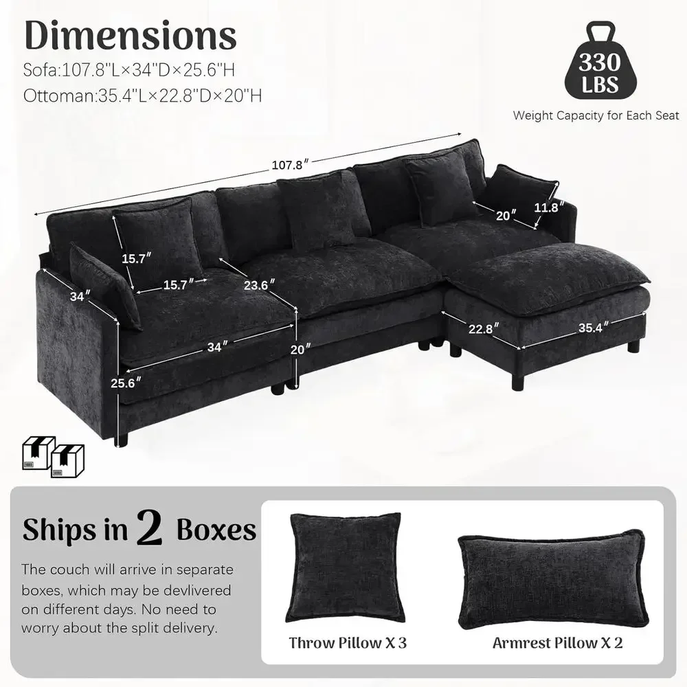 L-Shaped 3-Seat Sectional Sofa with Ottoman, Chenille Upholstered, Spring-Embedded 30D Foam Cushions, Removable Covers, Easy Ass