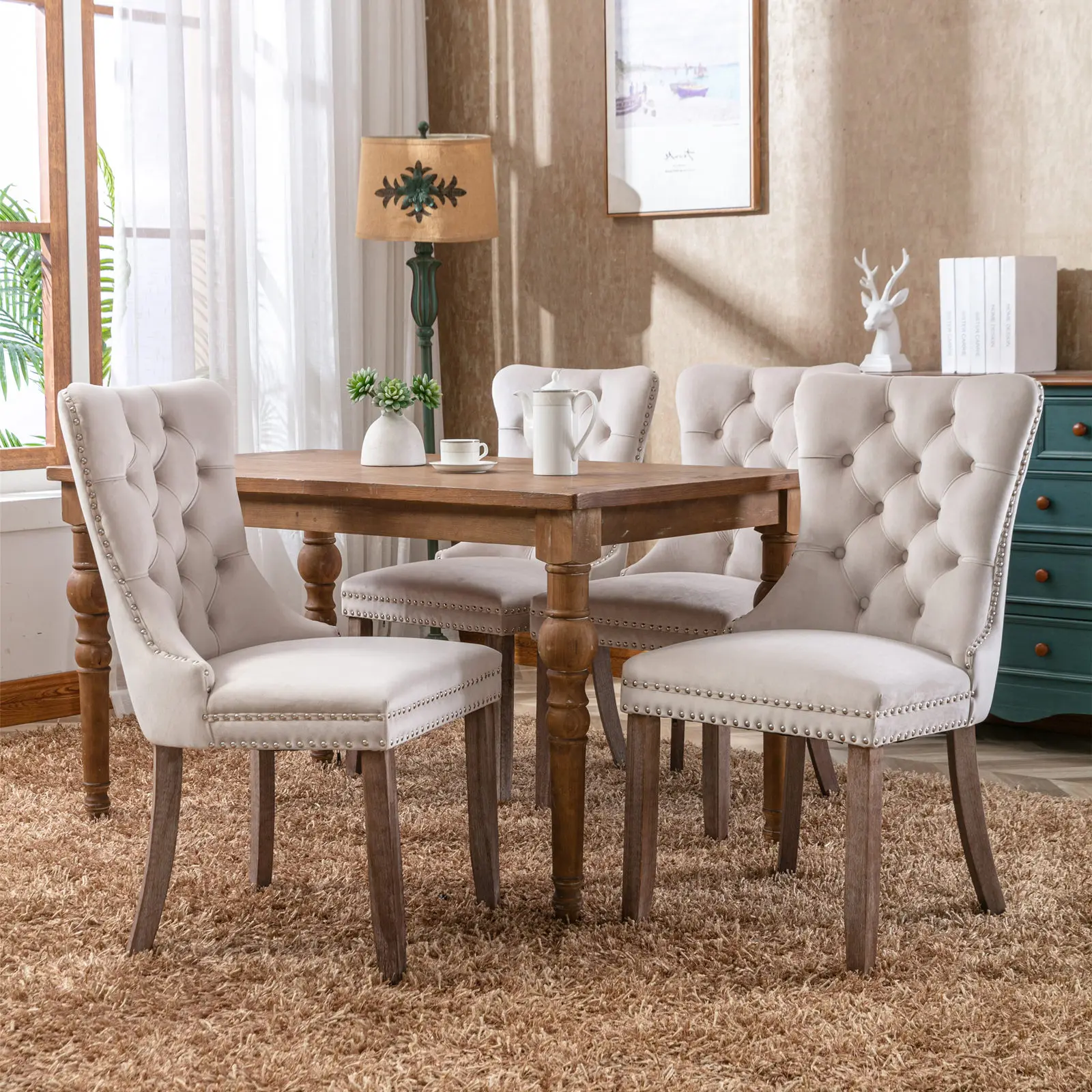 

2-Piece Beige Velvet Dining Chairs with Nailhead Trim, Tufted Back & Solid Wood Legs