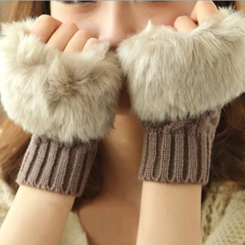 Women\'s Half Finger Warm Gloves Fashion Plush Thickened Knitted Glove Open Finger Touch Screen Gloves