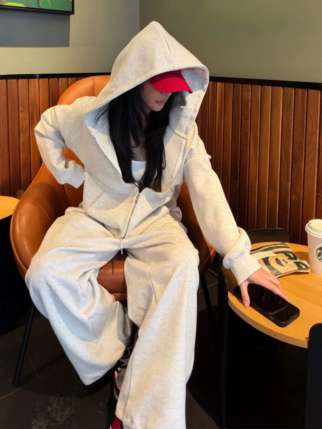 Casual Sportswear Hoodie Set Women's Autumn New American High-End Feeling Wide Leg Pants Two-Piece Set Fashionable Ensemble