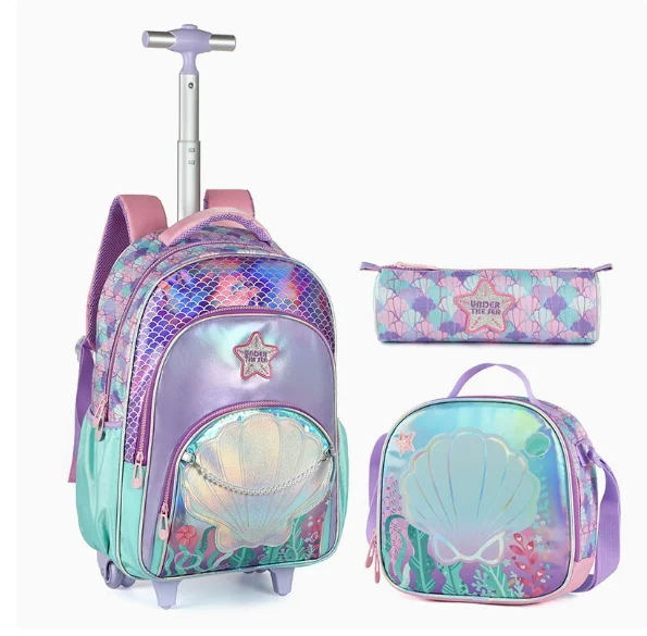 Backpack with Wheels for Girls Rolling Backpack Cute Carry on Backpack Kids Luggage with Lunch Box Pencil Case Elementary School