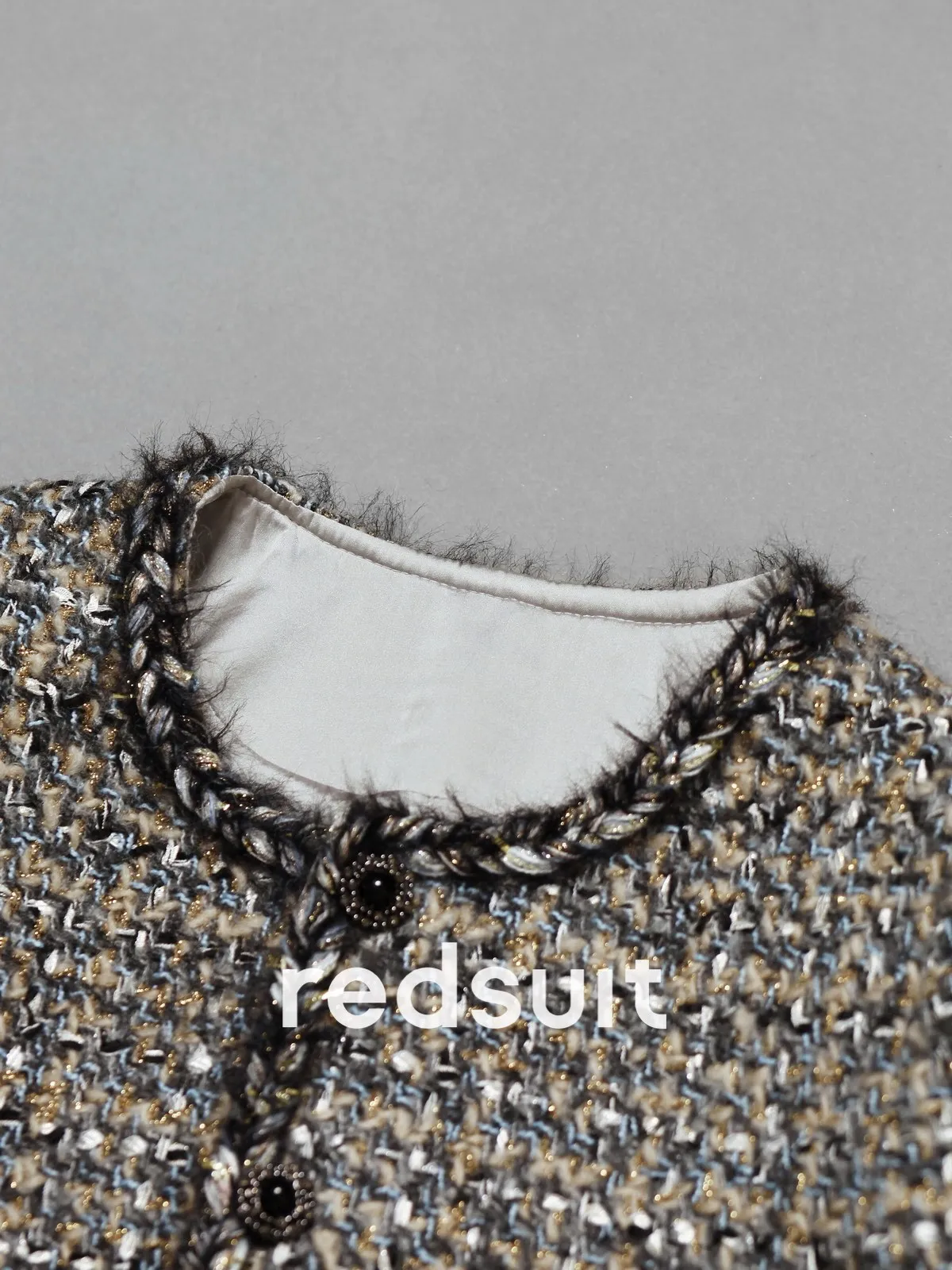 New High grade gold thread woven textured tweed mid length jacket with retro frayed top Custom size