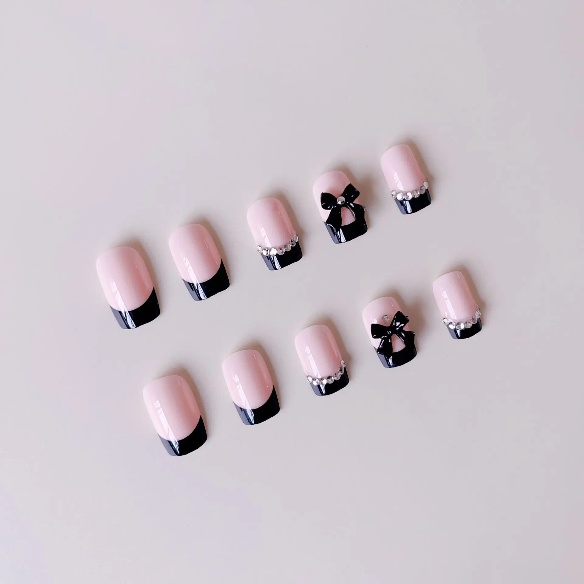 Black French Tips Fake Nails for Women Short Ballet Press On Nails Bowknot/Rhinestone Decor Full Cover Detachable False Nails