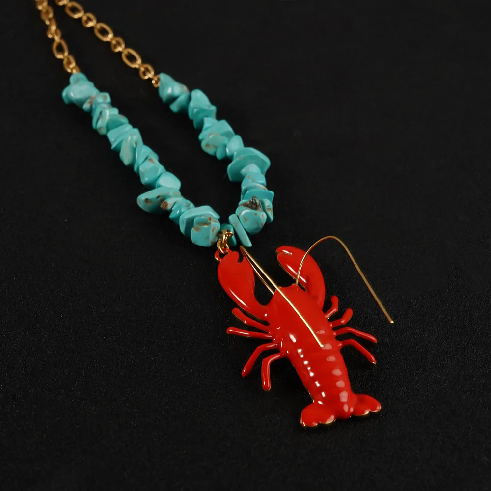 

Exaggerated Cute Red Big Lobster Pendant Necklace for Women Punk Blue Irregular Natural Crushed Stone Choker Party Jewelry