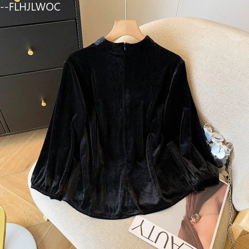 بلوزات مخملية سوداء على الطراز الصيني تشي باو بلوزات ذات ياقة ثابتة للعام الجديد 2026 قمصان كلاسيكية أنيقة للفتيات لربيع 2026