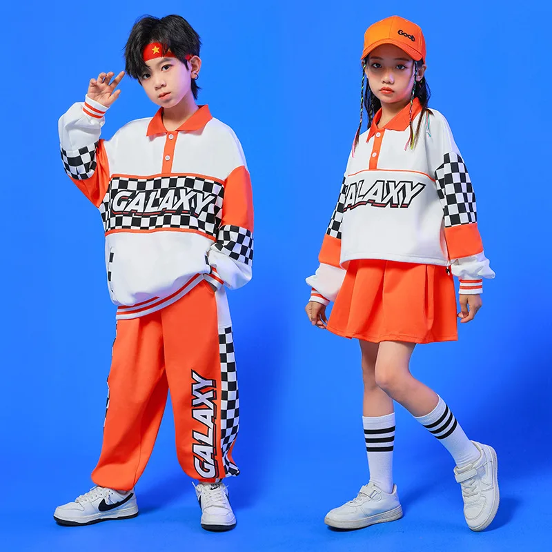 Kid Hip Hop Clothing White Orange Polo Sweatshirt Checkered Jogger Sweat Pants Skirt for Girl Boy Dance Costume Clothes Outfits