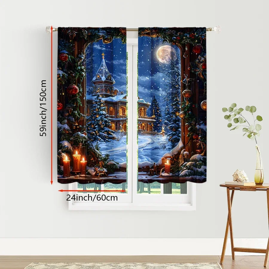 2PCS Christmas Castle Window Curtains, Magical Snowy Night Moon Candle Scene, Fairy Tale Holiday Window Drapes for Bedroom