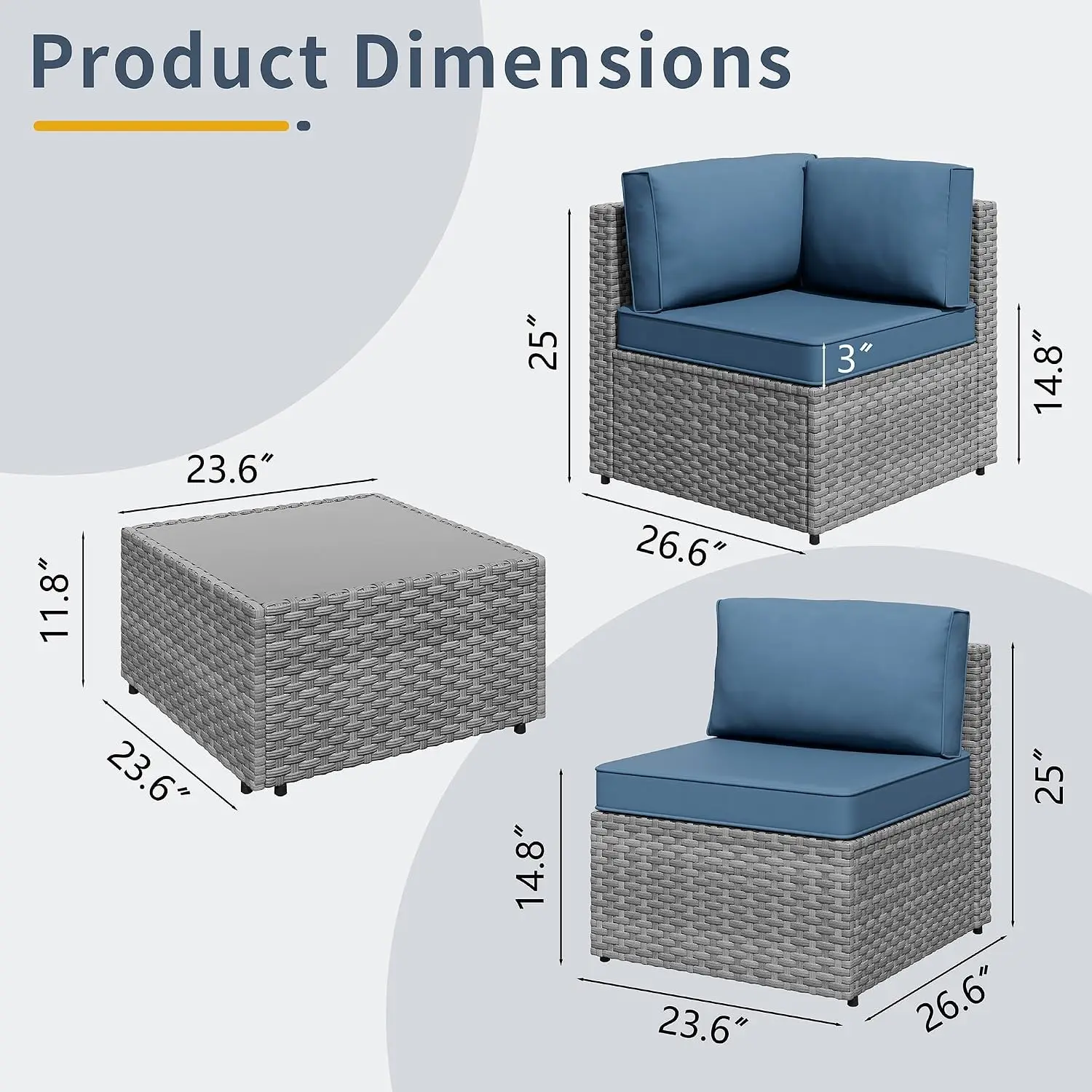 5-Piece Rattan Patio Sectional Sofa Set with Tea Table & Washable Cushions for Outdoor Garden, Silver Blue, Customized