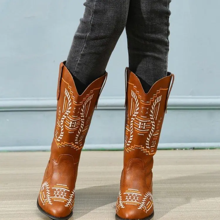 Ankle boots Women's mid-heel vintage embroidered Doc Martens Knight high Western cowboy boots