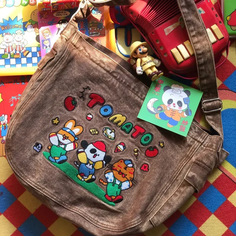 MBTI Vintage Cartoon Denim Tote Bags for Women Luxury Designer Kawaii Embroidery Shoulder Bag Large Capacity Messenger Bag New
