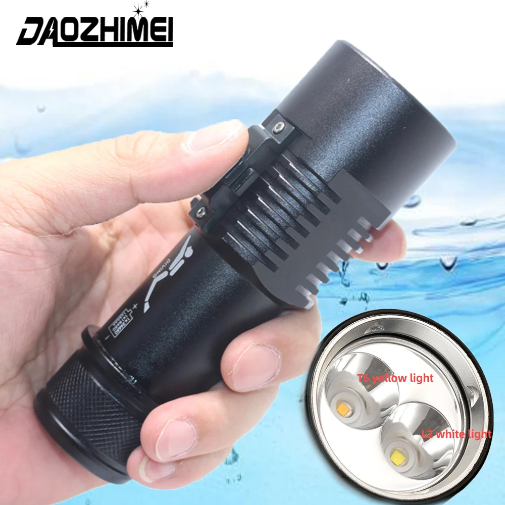 

IPX8 Diving Flashlight flashlight L2 White light T6 Yellow light dual light source Waterproof Scuba LED Underwater Diving Lamp