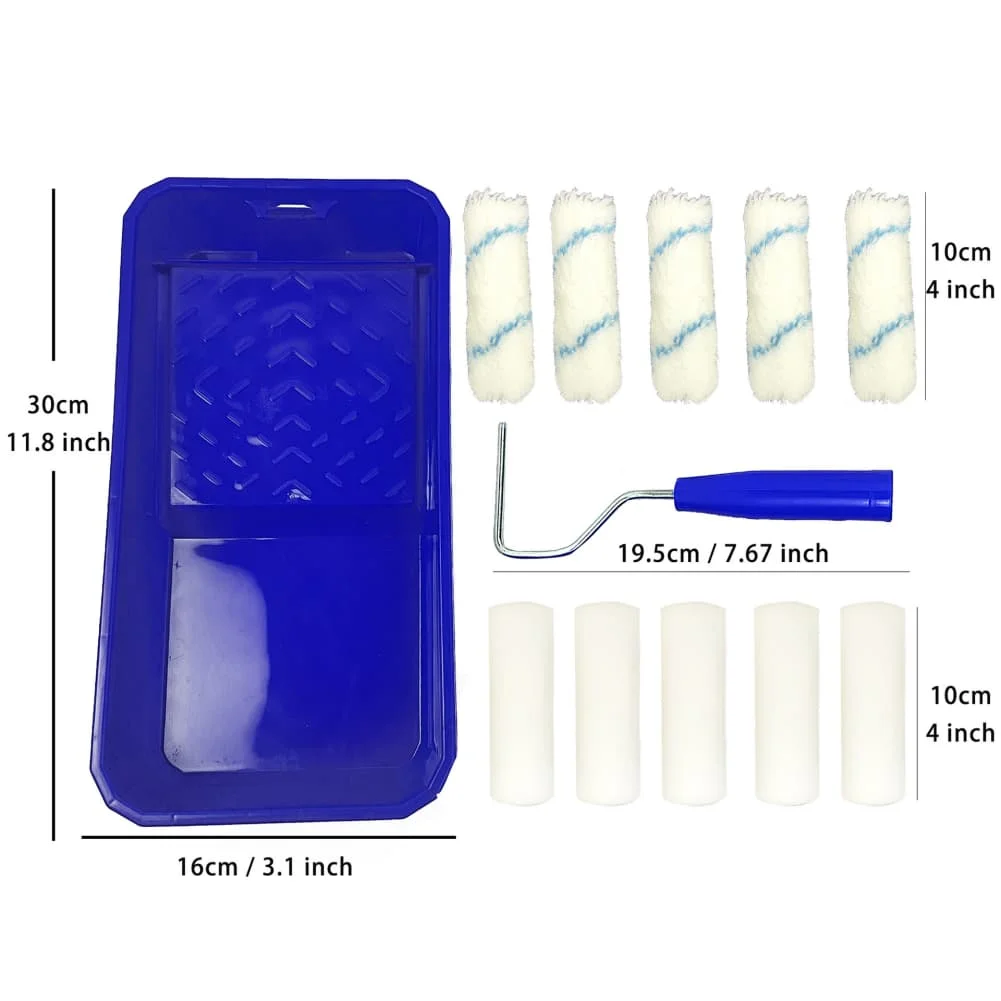 10 Piece Paint Roller Set With Tray Handle Foam And Cotton Brushes For Interior Exterior Wall Door Oil Based Paint